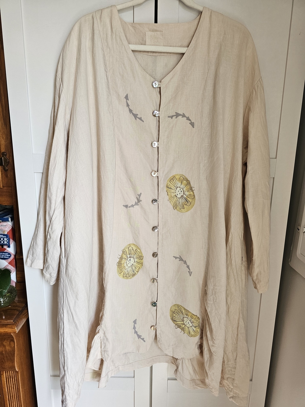 VTG Blue Fish Linen Tunic Autumn 2002 Hand Painted Floral Button Duster Size 1